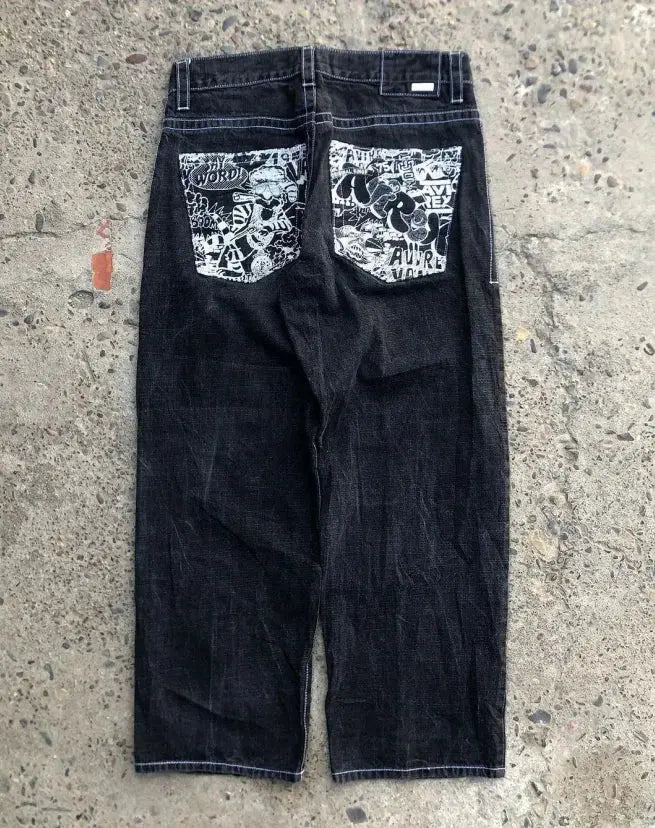 Fashion Gothic Design American Pocket Letters Wings Embroidered Jeans Women's Y2k Style Retro Wash Loose High Waist Leggings - DRACO COUTURE