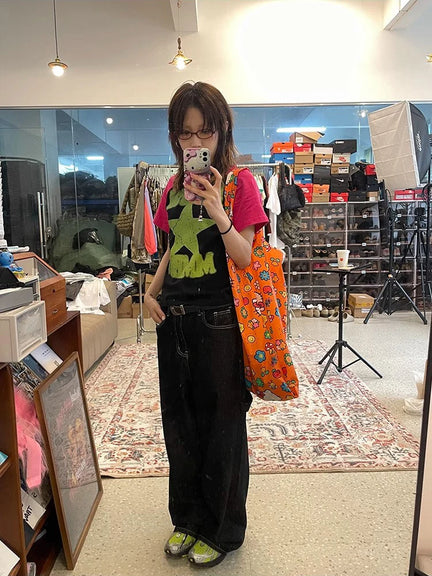 Y2K Embroidered Wide-Leg Jeans – Black High Waist