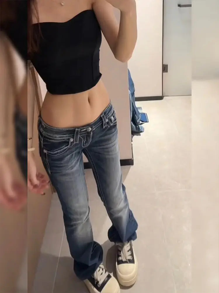 Damen Y2K Gothic Stickerei Hot Diamonds Denimhose Harajuku Retro Hip Hop Low Waist Jeans Fashion Hot Girl Straight Jeans