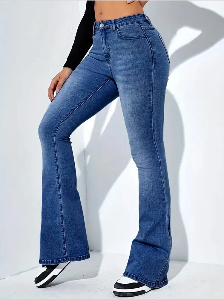 Damen Schlagjeans, Stretch, Mustache-Jeans, modische Skinny-Jeans mit hohem Bund, graue Denim-Hose, klassische Y2K-Punk-Langhose