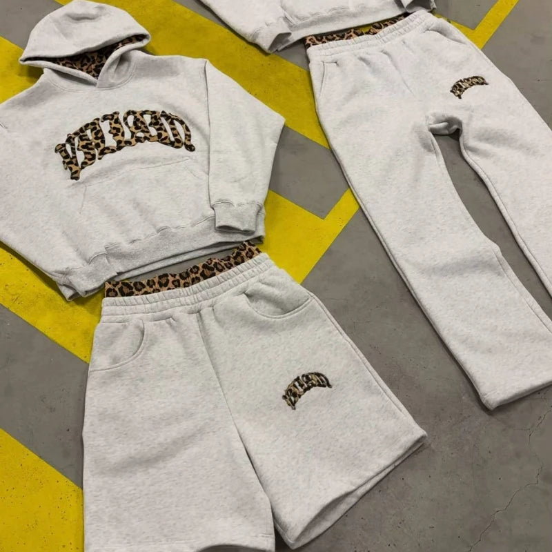 3-teiliges Sportbekleidungsset Y2K für Damen und Herren im Retro-Stil mit Leopardenmuster und Patchwork-Design, amerikanische Streetwear, Unisex, lässig-kastenförmig, Paar-Bekleidung