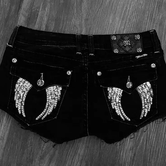 Retro Angel Wing Denim Shorts Y2K Women Gothic Hip Hop Pocket Embroidery Retro Black Baggy Shorts High Waist Slim Fit Mini Skirt - DRACO COUTURE