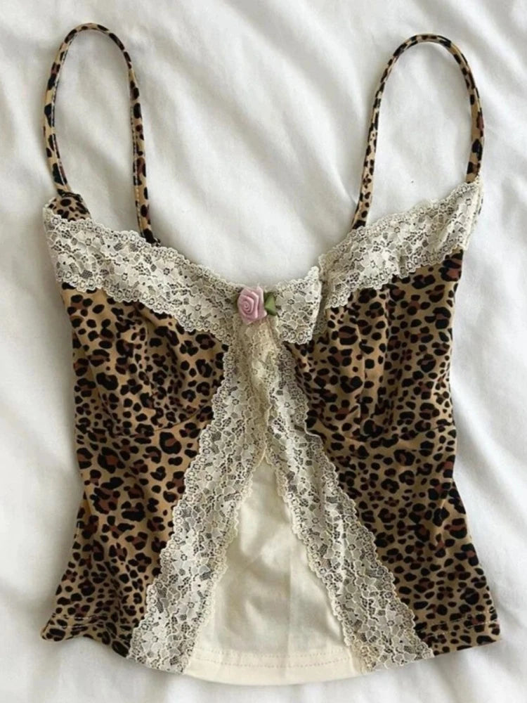 90s Y2k Leopard Print Lace Trim Cami Top Women Sexy V-neck Floral Lace Bralette Sleeveless Chic Summer Casual Sexy Fashion Tops DRACO COUTURE