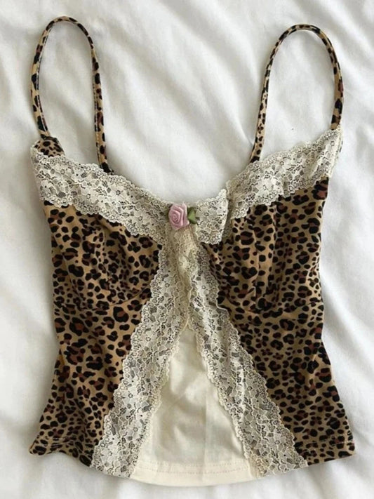 90s Y2k Leopard Print Lace Trim Cami Top Women Sexy V-neck Floral Lace Bralette Sleeveless Chic Summer Casual Sexy Fashion Tops DRACO COUTURE