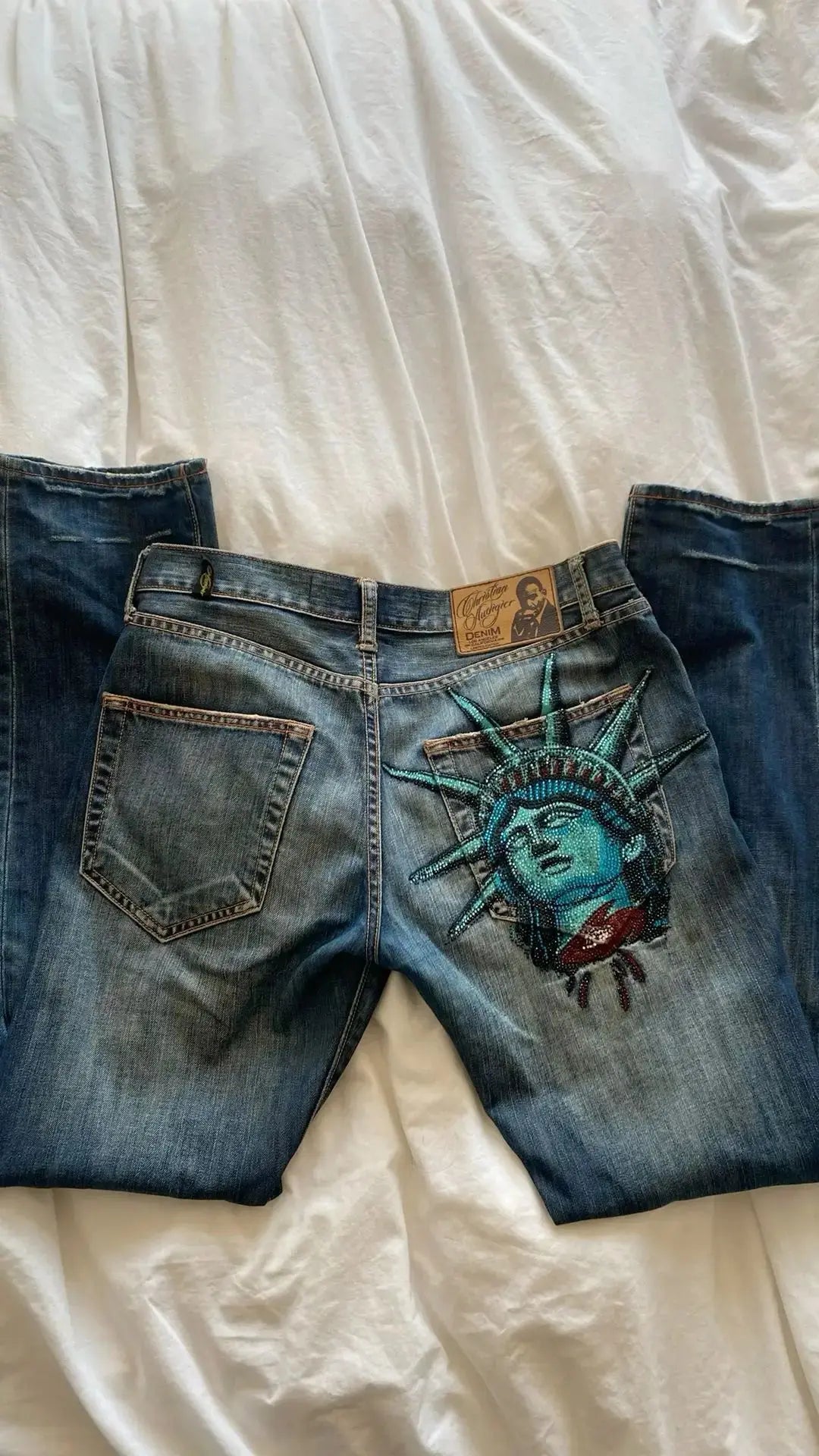 Y2k 2000s Statue of liberty Diamonds Jeans Casual Denim Pants High Waist Straight Wide Leg Jeans Harajuku Vintage Women Clothing - DRACO COUTURE