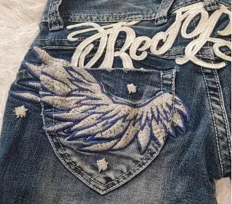 Fashion Gothic Design American Pocket Letters Wings Embroidered Jeans Women's Y2k Style Retro Wash Loose High Waist Leggings - DRACO COUTURE