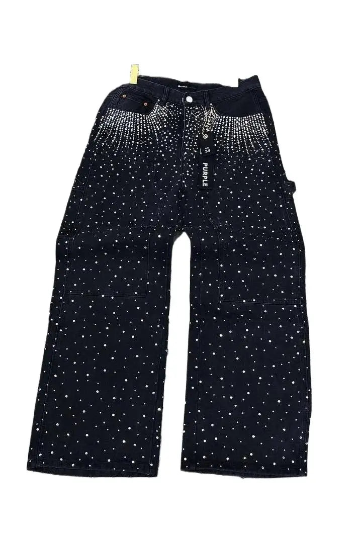 Harajuku Hip Hop Streetwear Hip Hop Rhinestone Sequin Jeans Y2K Clothes Mens Womens Baggy Jeans Low Waist Wide Leg Trousers - DRACO COUTURE