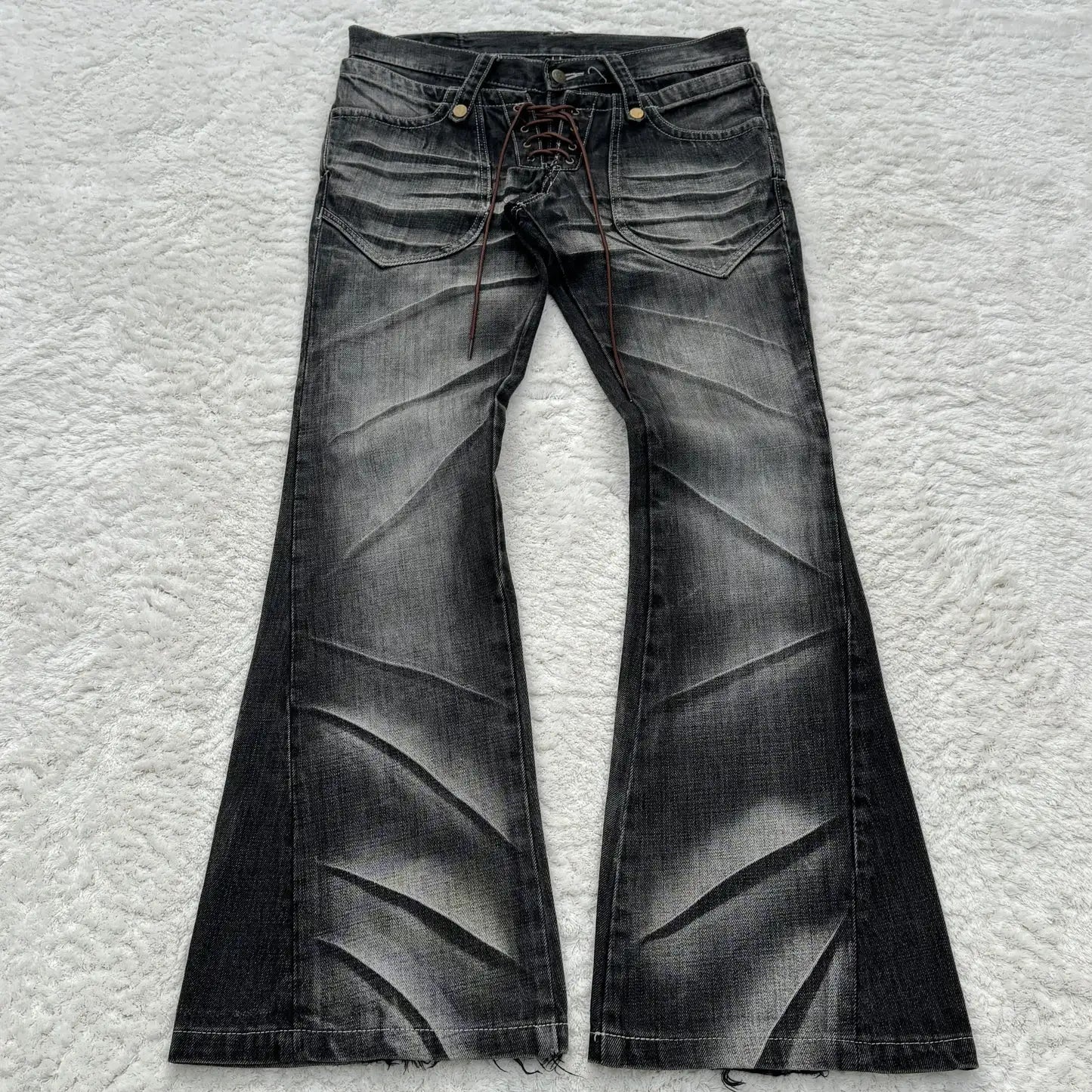 Y2K Schlagjeans mit Schnürung, Retro-Look, gewaschene Pfotenabdrücke, doppelter Bund, Slim Fit, Herrenjeans, Gothic-Stil, High Street Wear, Unisex-Bootcut-Jeans