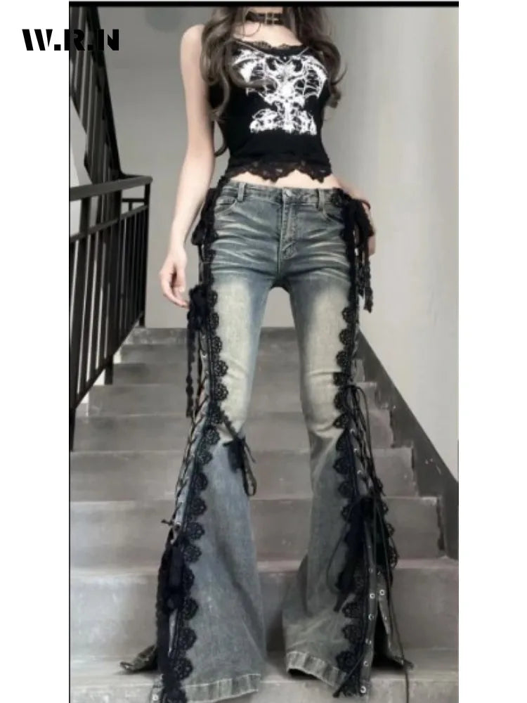 Y2K Lace Up Flare Jeans