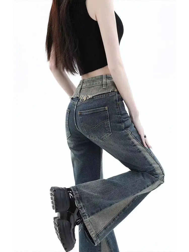 American High Street Spicy Girls Low Waist Jeans Women Autumn Vintage Y2k Design Sense Slim Fit Straight Tube Micro Flare Pants