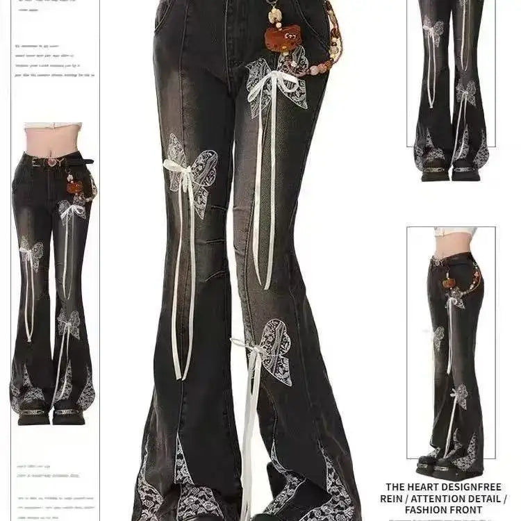 Vintage Slim Micro-Flare Jeans für Damen, modische Jeans mit Ziergürtel, Y2K-Stil, hoher Bund, gerade geschnitten, amerikanische Streetwear-Hose