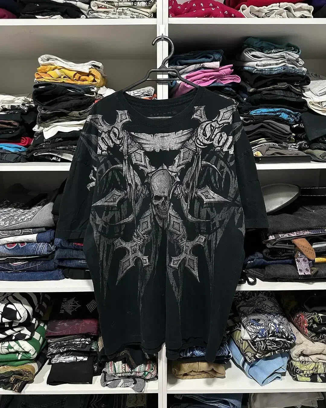 Y2K-Affliction Langarm-T-Shirt, weiß, Rundhalsausschnitt, Oversized-Schnitt, neu, Herren/Damen, Freizeit, Gothic, Baumwolle, Streetwear