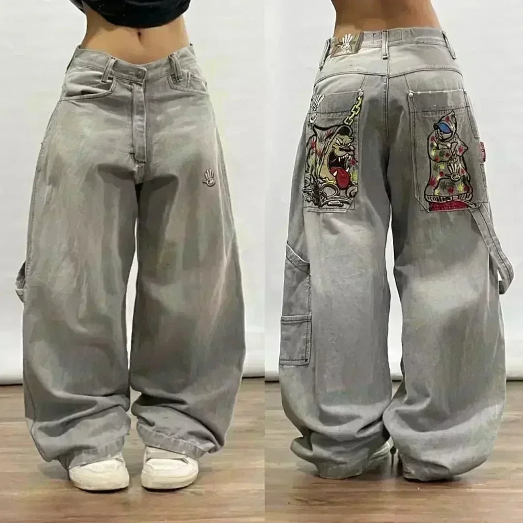 American Street Trend Letter Embroidered Loose Jeans Men Harajuku Y2K New Hip Hop Oversized Wide-leg Pants Unisex Mopping Jeans DRACO COUTURE