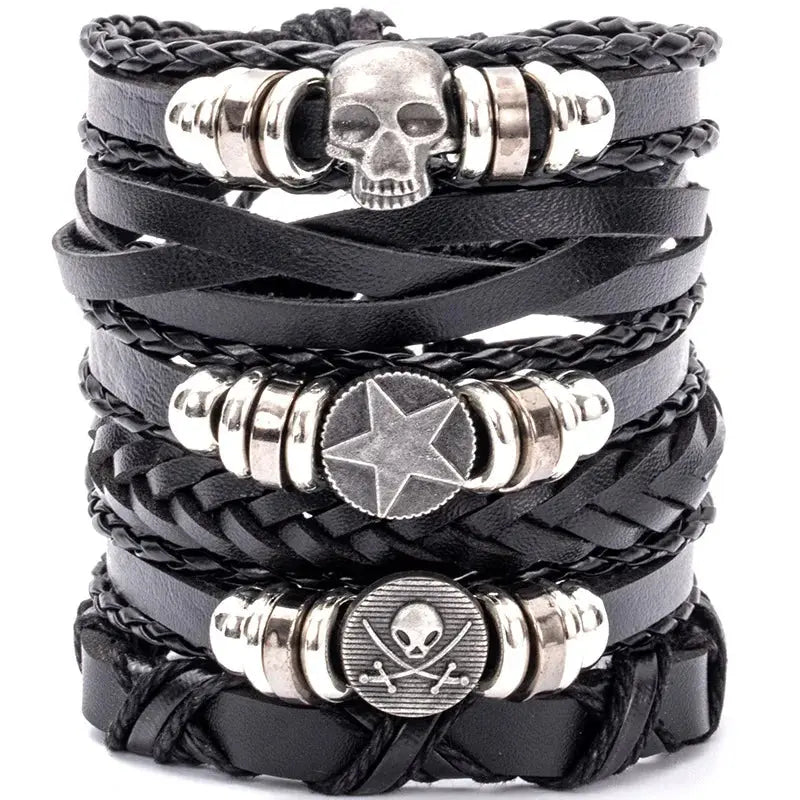4/5/6pcs Evil Eye Wing Star Skull Diy Braided Punk Style Bracelet Set, Featuring Pu Leather And Beads Bracelet - DRACO COUTURE