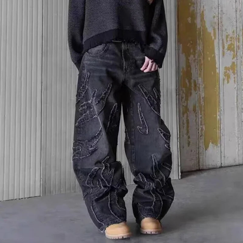 Herren Baggy-Jeans im Streetwear-Stil, Retro-Mode, weite Jeans, bedruckte Designer-Jeans im Hip-Hop-Stil
