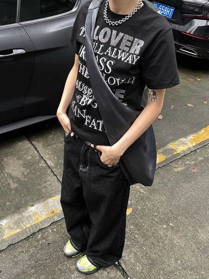 Y2K Embroidered Wide-Leg Jeans – Black High Waist