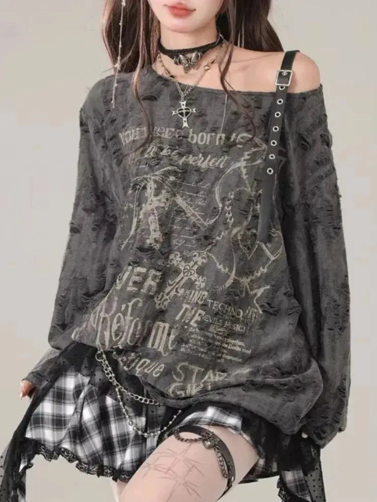 Y2k Gothic Grunge Dark Hollow Out T Shirt Women - DRACO COUTURE