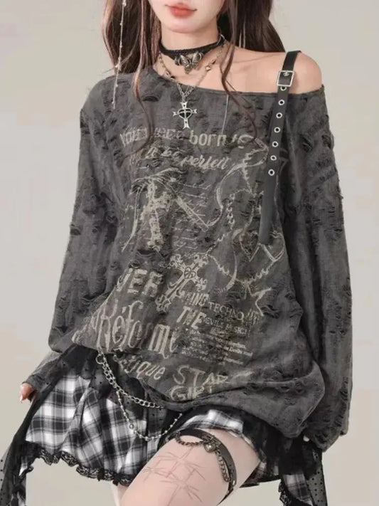 Y2k Gothic Grunge Dark Hollow Out T Shirt Women - DRACO COUTURE