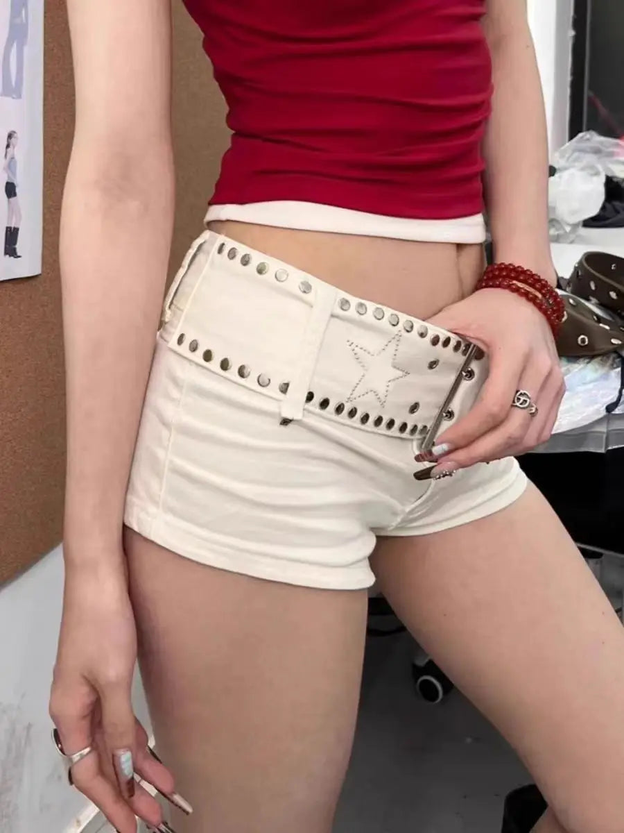 Sexy Riveted Denim Shorts Women's Summer Strap Chain Hot Pants Y2k White Shorts DRACO COUTURE