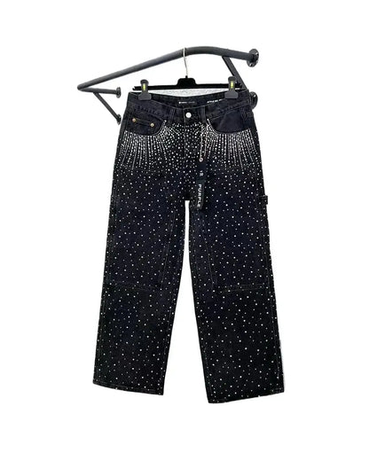 Harajuku Hip Hop Streetwear Hip Hop Rhinestone Sequin Jeans Y2K Clothes Mens Womens Baggy Jeans Low Waist Wide Leg Trousers - DRACO COUTURE