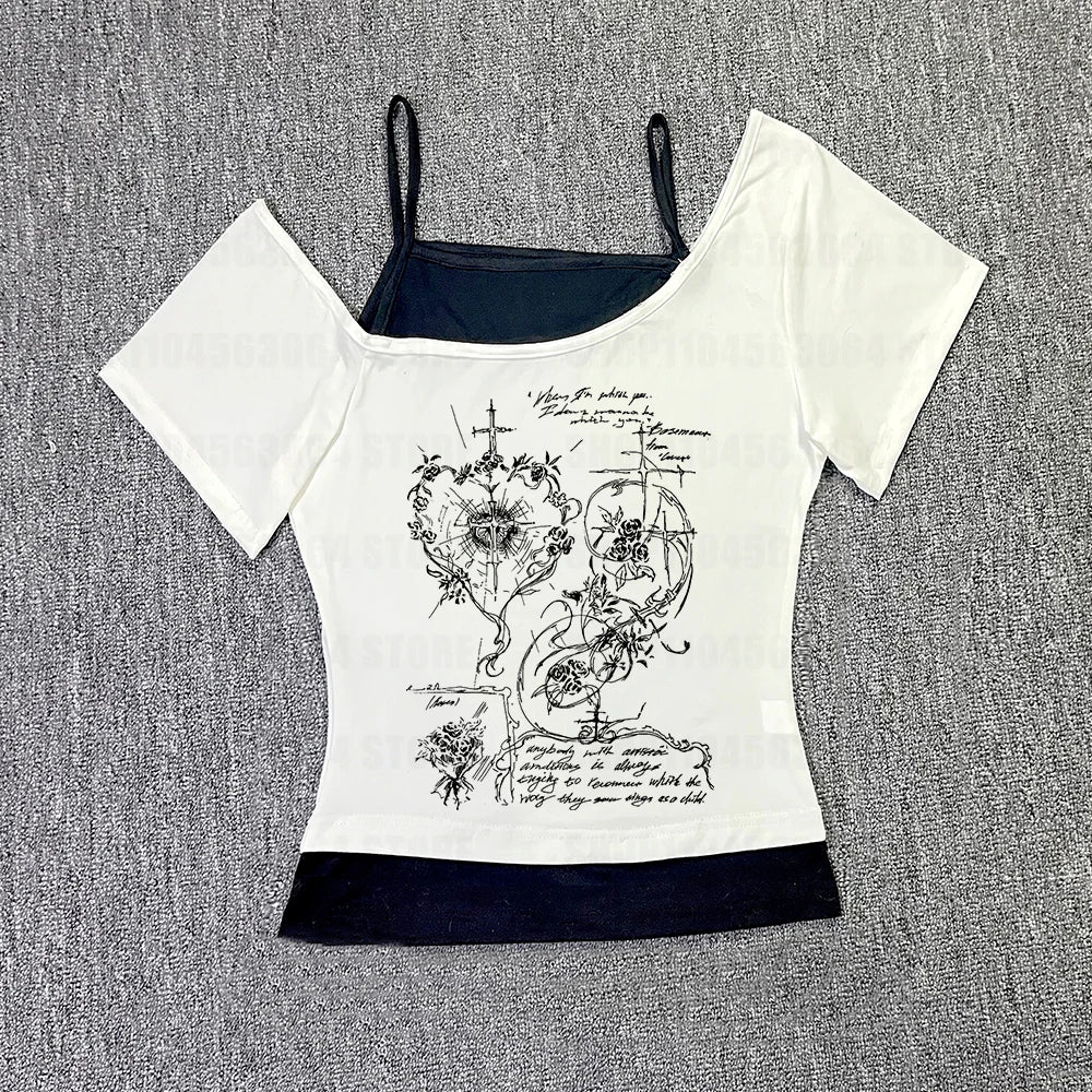 2K Fairy Grunge Grafik-T-Shirts für Damen, E-Girls, Goth Rippstrick-Langarm-Tops, Vintage Emo Kleidung, 2000er Retro Streetwear