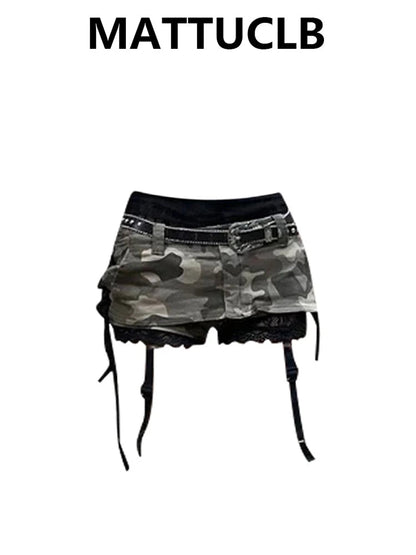 Summer Women Gyaru Coquette Camouflage Culottes Harajuku Shoujo 2000s Aesthetic Low Rise Mini Denim Skirt Korean Y2k Japanese DRACO COUTURE
