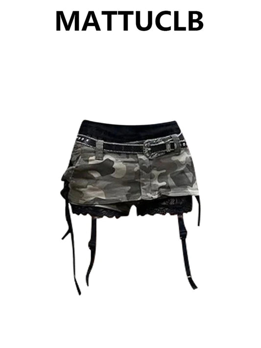 Summer Women Gyaru Coquette Camouflage Culottes Harajuku Shoujo 2000s Aesthetic Low Rise Mini Denim Skirt Korean Y2k Japanese DRACO COUTURE