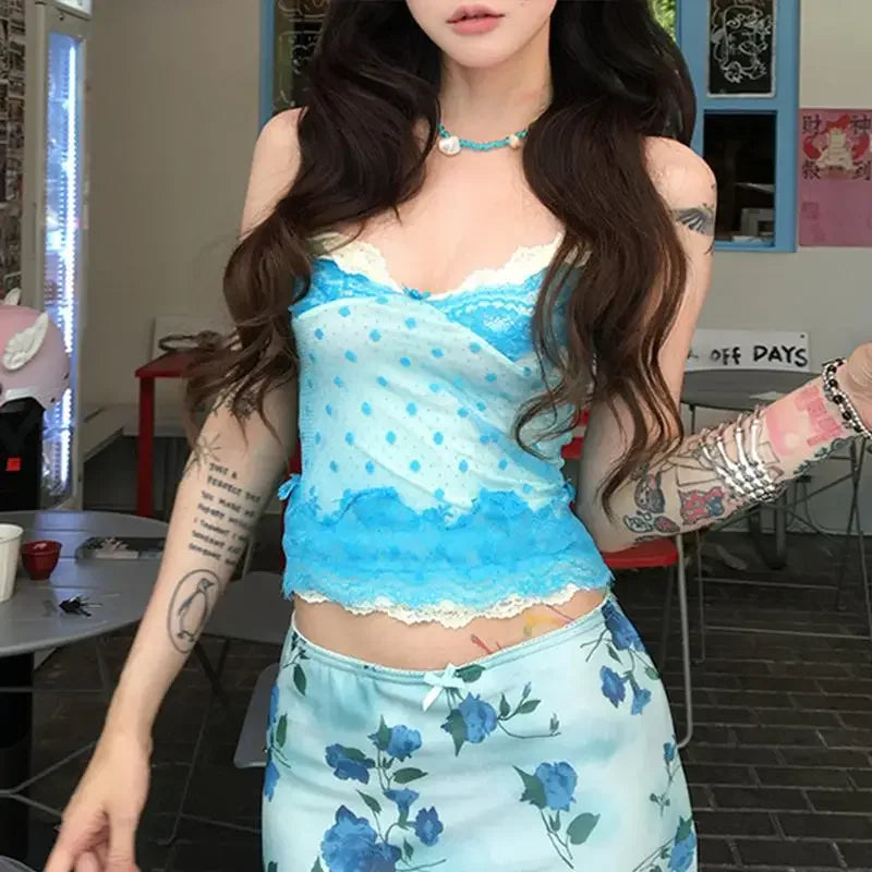 2000s Japanese Fashion Camisole Tank Women Summer Dot Print Lace Casual Outfits Sexy Strap Tops Patchwork Y2k Design T-shirts DRACO COUTURE