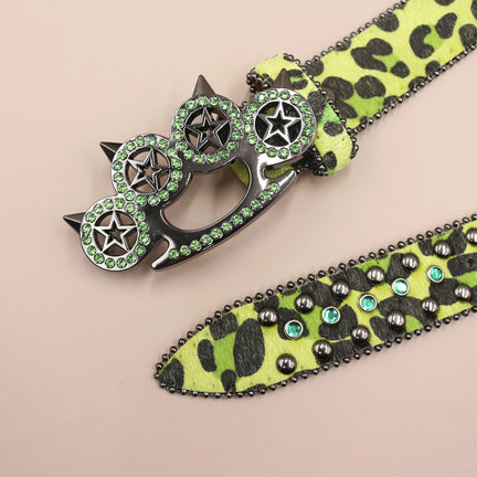 Y2K Rhinestone Leopard Belt – Western Denim Rock Style