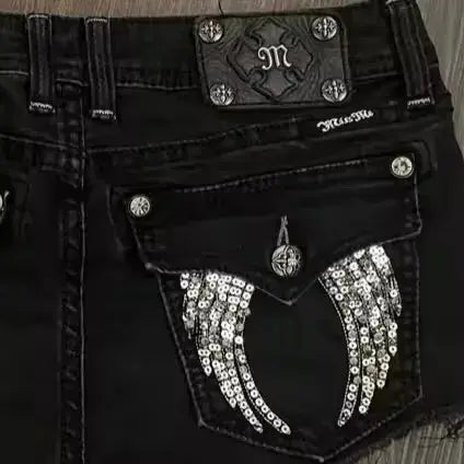 Retro Angel Wing Denim Shorts Y2K Women Gothic Hip Hop Pocket Embroidery Retro Black Baggy Shorts High Waist Slim Fit Mini Skirt - DRACO COUTURE