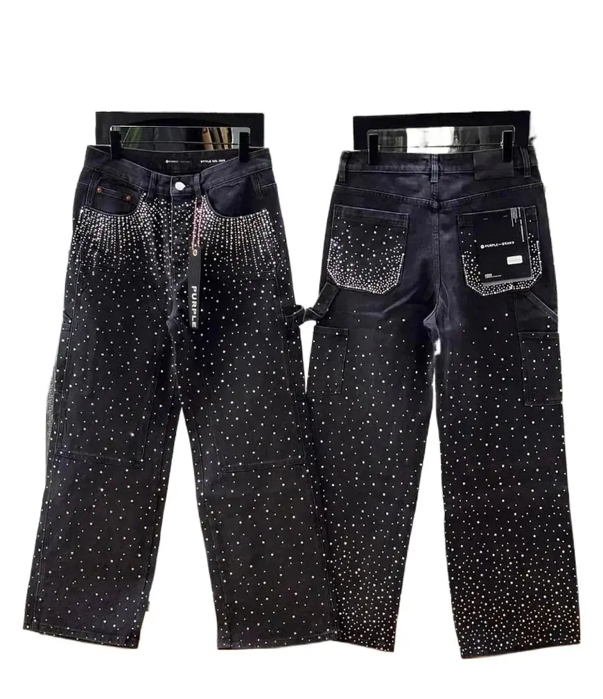 Harajuku Hip Hop Streetwear Hip Hop Rhinestone Sequin Jeans Y2K Clothes Mens Womens Baggy Jeans Low Waist Wide Leg Trousers - DRACO COUTURE