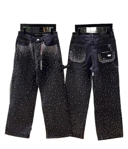Harajuku Hip Hop Streetwear Hip Hop Rhinestone Sequin Jeans Y2K Clothes Mens Womens Baggy Jeans Low Waist Wide Leg Trousers - DRACO COUTURE