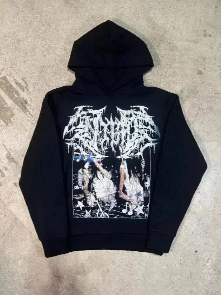 New 2025 Autumn And Winter Aesthetic y2k Dark Style Print Gothic Retro Street Punk Personality Casual emo Girl Hooded Sweatshirt - DRACO COUTURE