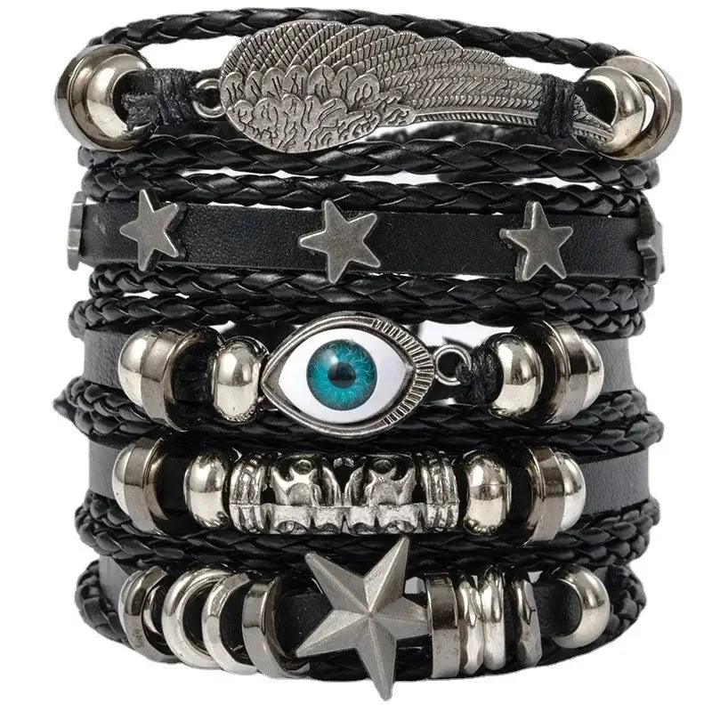 4/5/6pcs Evil Eye Wing Star Skull Diy Braided Punk Style Bracelet Set, Featuring Pu Leather And Beads Bracelet - DRACO COUTURE