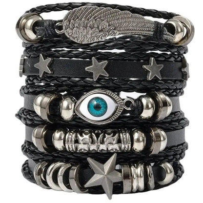 4/5/6pcs Evil Eye Wing Star Skull Diy Braided Punk Style Bracelet Set, Featuring Pu Leather And Beads Bracelet - DRACO COUTURE