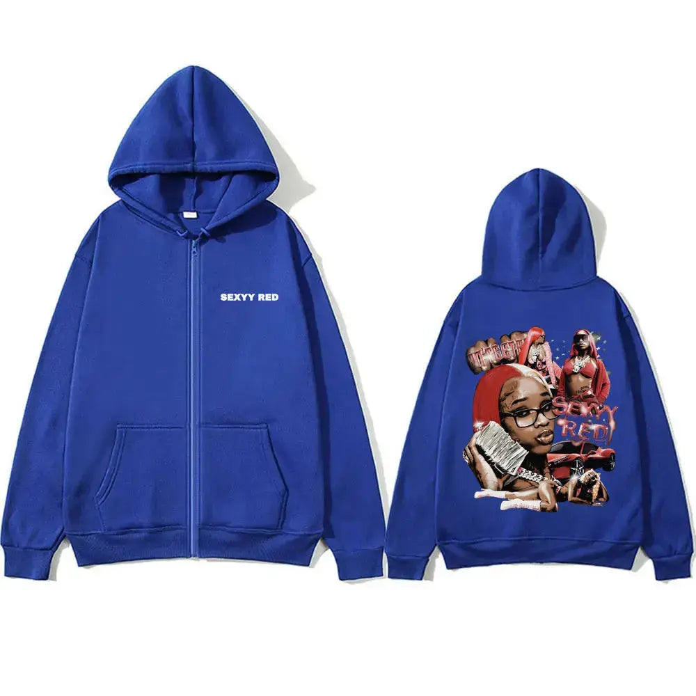 Rapper Sexyy Red Zipper Hoodie Men Women Fashion Hip Hop Vintage Zip Up Jacket Unisex Fleece Casual Oversized Zip Up Sweatshirt - DRACO COUTURE