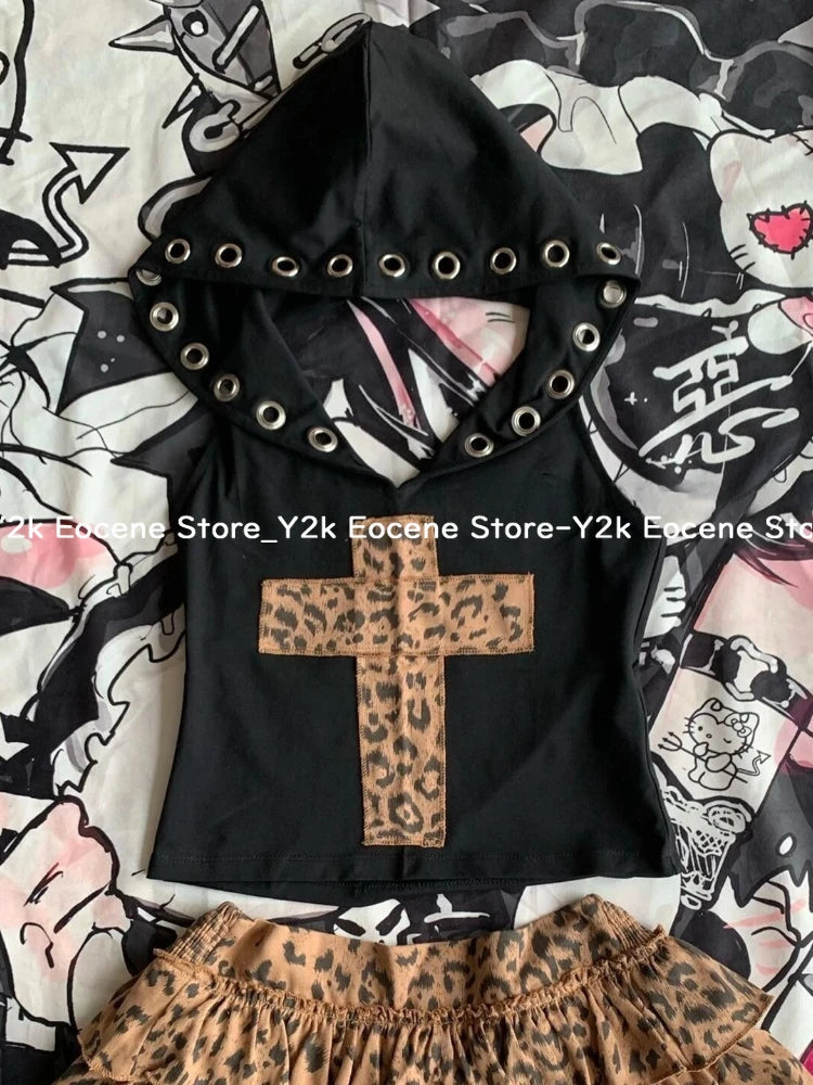 2000s Aesthetic Sexy Leopard Two Piece Set E-gilr Y2k Hoodie Tank Tops + Brown Print Cake Skirt Suit Retro Sleeveless Outfit New DRACO COUTURE