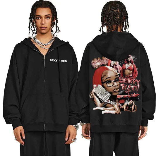 Rapper Sexyy Red Zipper Hoodie Men Women Fashion Hip Hop Vintage Zip Up Jacket Unisex Fleece Casual Oversized Zip Up Sweatshirt - DRACO COUTURE