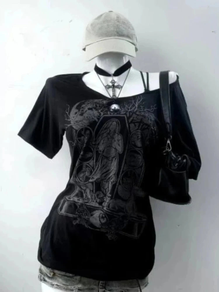 Y2K Kleidung T-Shirts Buchstaben Gothic Damen Y2K Crop Top Sexy Slim Shirt Punk Totenkopf Grafik Tees Sweet Harajuku Korea Girl Punk