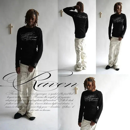 Y2K Aesthetic Long-sleeved Hoodie Printed Sweatshirt Retro Black Gothic Clothes Street Clothing Casual Fashion Trends Otift Tops - DRACO COUTURE