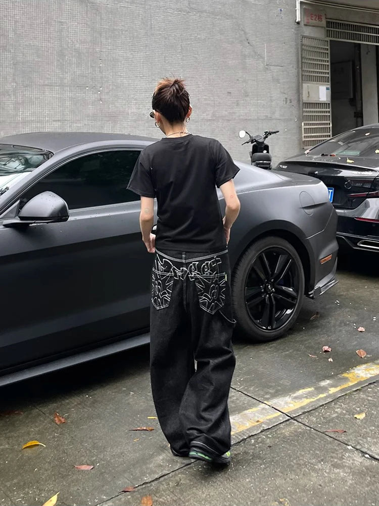 Y2K bestickte Wide-Leg-Jeans – Schwarz, hoher Bund