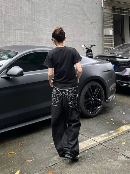 Y2K Embroidered Wide-Leg Jeans – Black High Waist