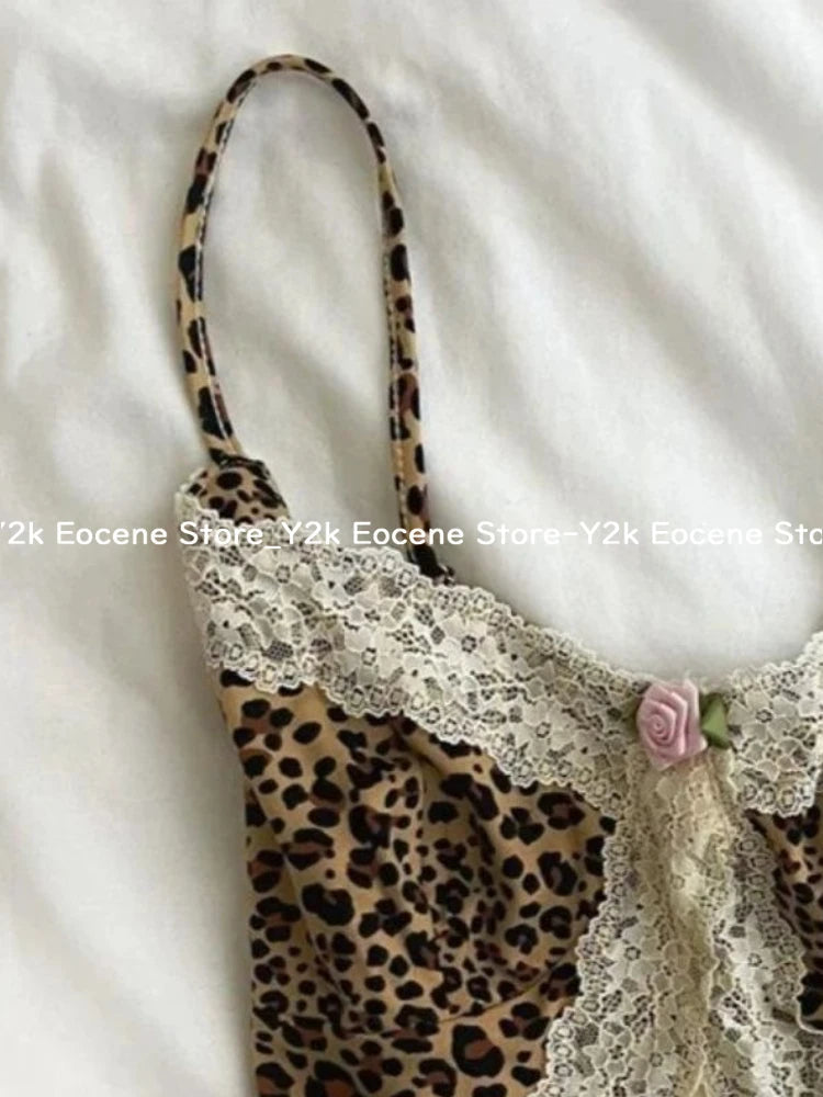 90s Y2k Leopard Print Lace Trim Cami Top Women Sexy V-neck Floral Lace Bralette Sleeveless Chic Summer Casual Sexy Fashion Tops DRACO COUTURE