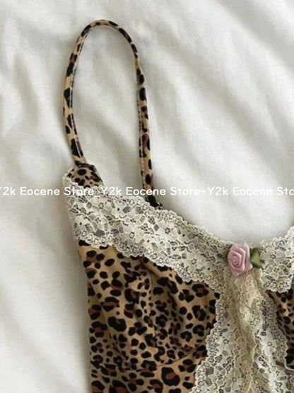 90s Y2k Leopard Print Lace Trim Cami Top Women Sexy V-neck Floral Lace Bralette Sleeveless Chic Summer Casual Sexy Fashion Tops DRACO COUTURE