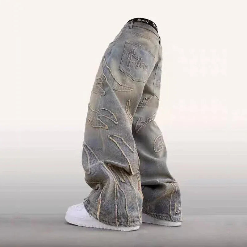 Herren Baggy-Jeans im Streetwear-Stil, Retro-Mode, weite Jeans, bedruckte Designer-Jeans im Hip-Hop-Stil