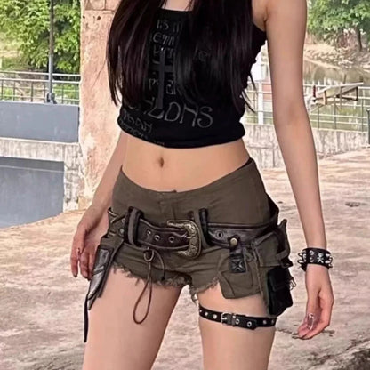 American High Street Y2k Babes Mini Shorts Vintage Wasteland Style Cargo Denim Pants Women Retro Low Rise Hot Pants Summer 2025 DRACO COUTURE