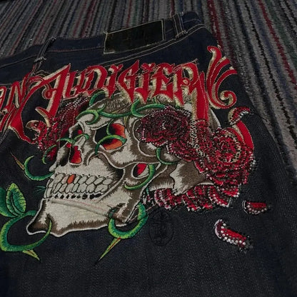 Loose straight tube Y2K oversized skull rose embroidery pattern hip hop retro denim street American wide leg men women shorts - DRACO COUTURE
