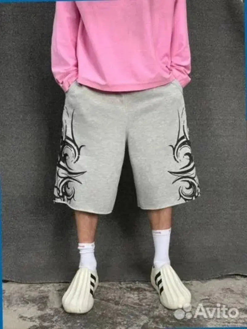 90s Harajuku Print Casual Men Women Geometric Graffiti Shorts Y2K High Waist Baggy Hip Hop Pure Cotton Sports Wide Leg Shorts - DRACO COUTURE