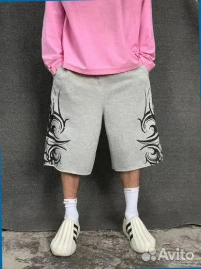 90s Harajuku Print Casual Men Women Geometric Graffiti Shorts Y2K High Waist Baggy Hip Hop Pure Cotton Sports Wide Leg Shorts - DRACO COUTURE