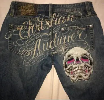 Gothic punk American retro punk skull pocket embroidered jeans men's wash blue old loose straight wide-leg fashionable jeans - DRACO COUTURE